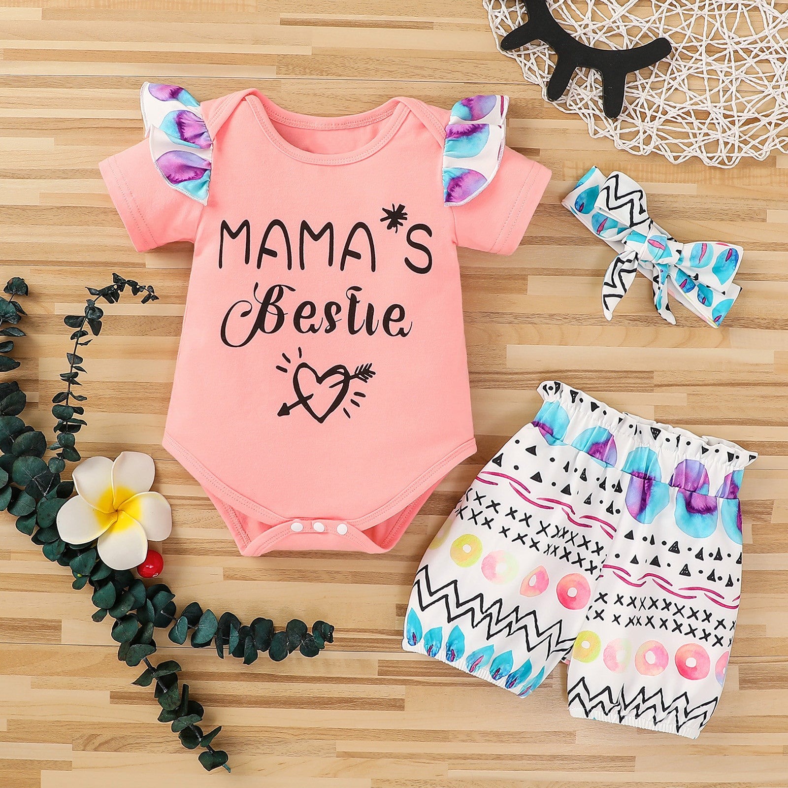 3PCS Mama's Bestie Letter Printed Short Sleeves Baby Set