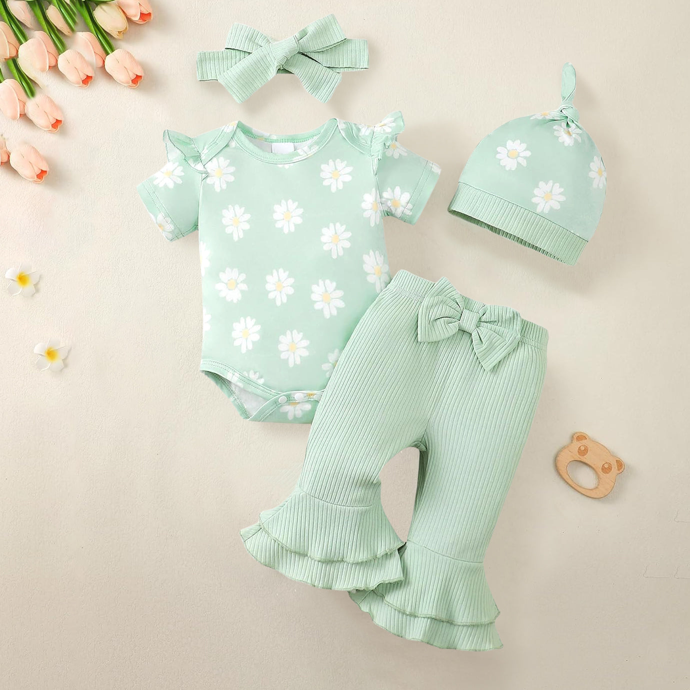 4PCS Lovely Daisy Print Long Sleeve Baby Set
