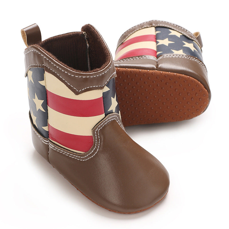 Star Stripe Spliced Design High Top Non Slip Baby Shoes