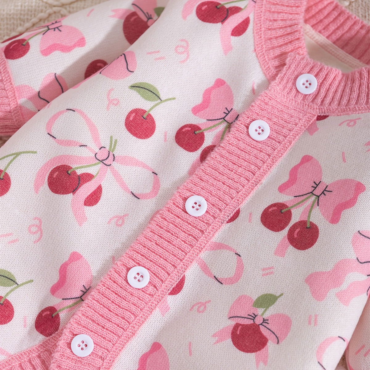 Sweet Strawberry and Bow Printed Knit Long Sleeve Baby Jumpsuit