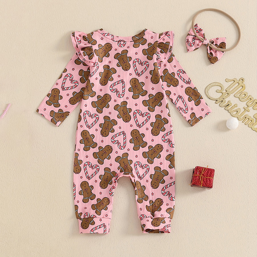 2PCS Gingerbread Candy Printed Long Sleeve Baby Jumpsuit