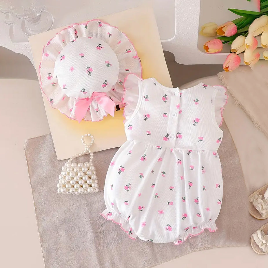 2PCS Sweet Floral Print Sleeve Baby Girl Romper