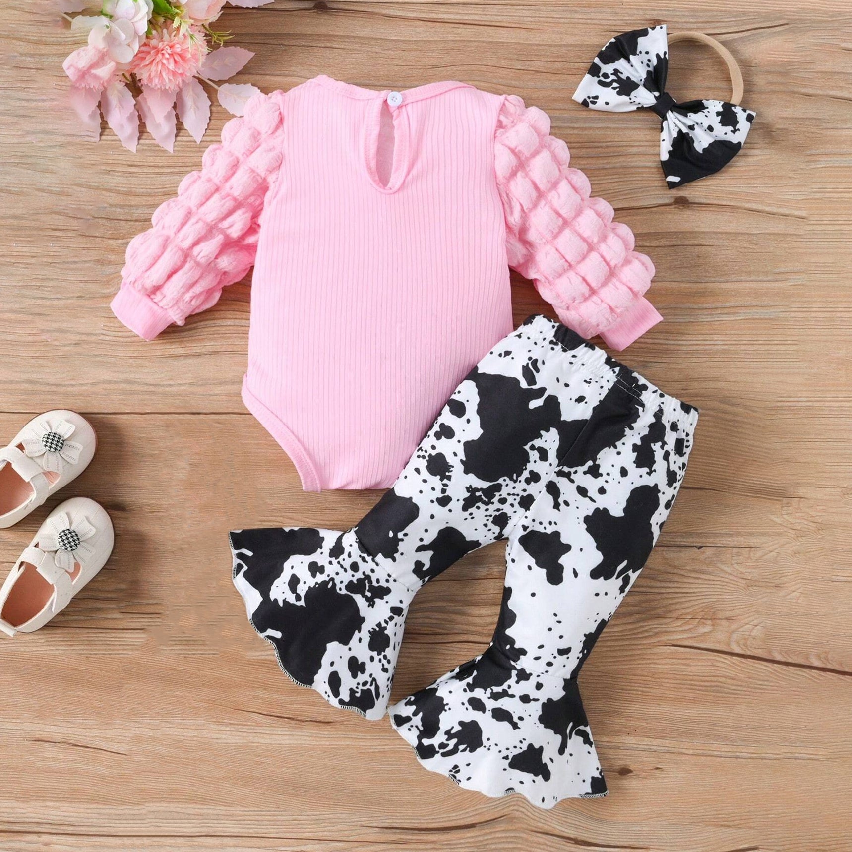 3PCS Cow Printed Bubble Long Sleeve Flared Pants Baby Set