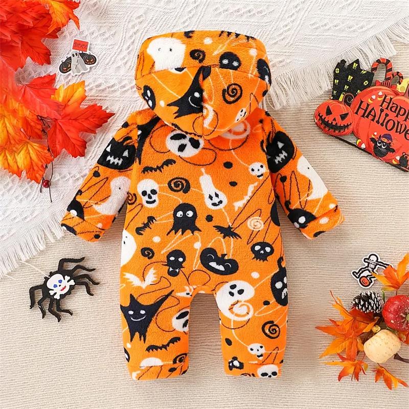 Halloween Pumpkin Print Thickened Plush Hooded Long Sleeve Baby Jumpsuit