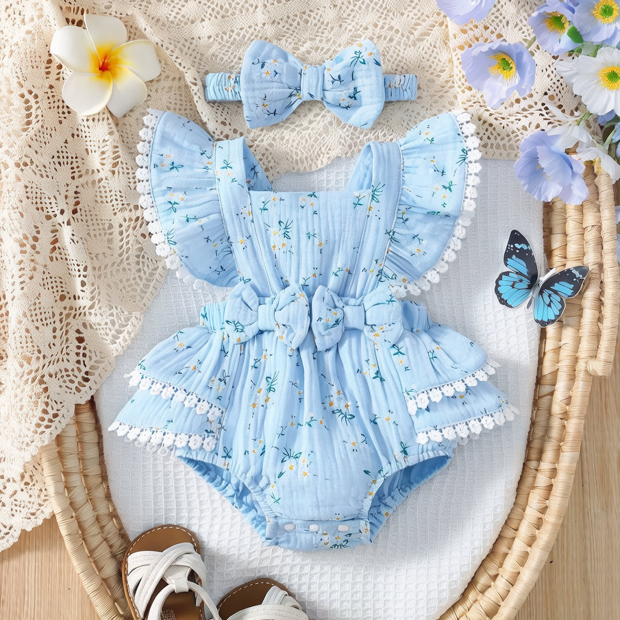 2PCS Pretty Floral Printed Bow Flounce Sleeve Baby Romper