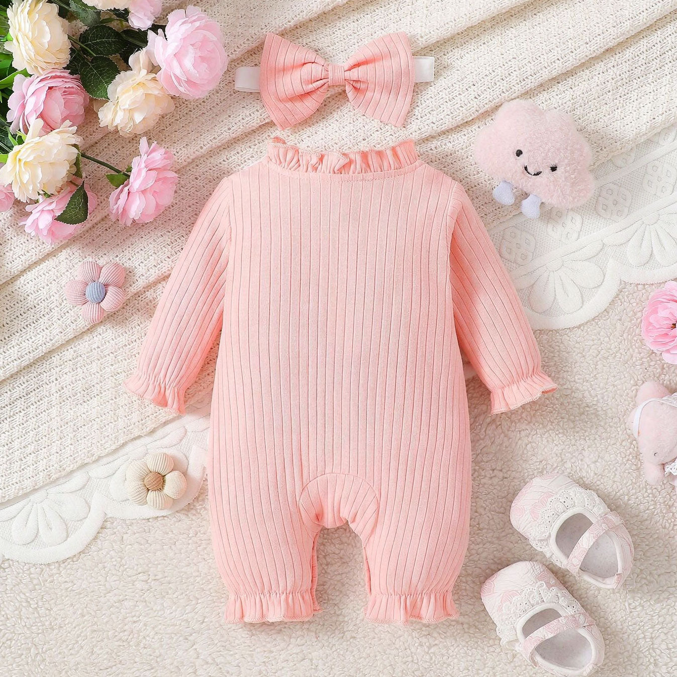 2PCS Grace Lace Bowknot Decor Long Sleeve Baby Girl Jumpsuit