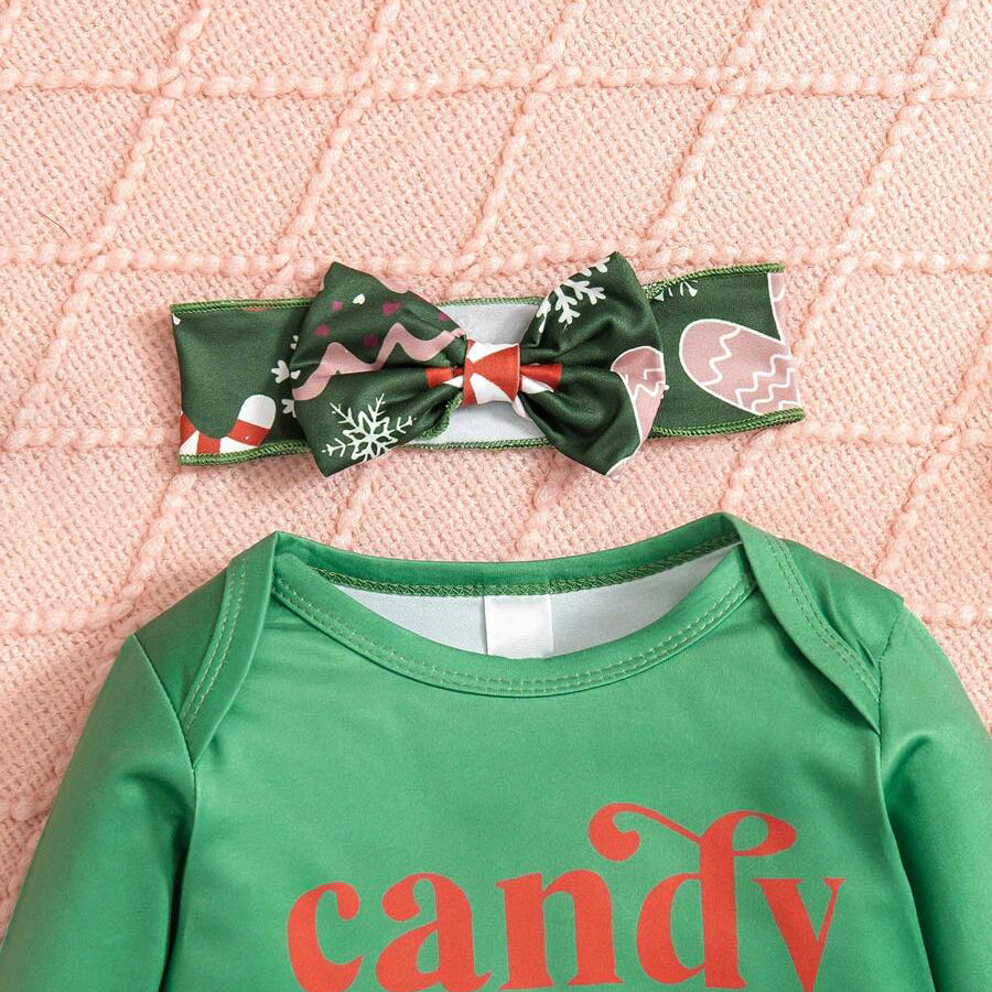 3PCS Candy Cane Cutie Letter Christmas Gingerbread Printed Baby Set