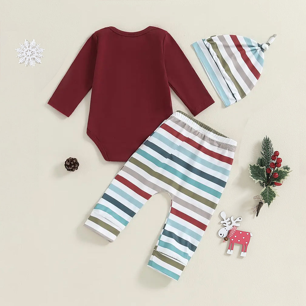 3PCS Santa Claus Stripe Printed Long Sleeve Baby Set