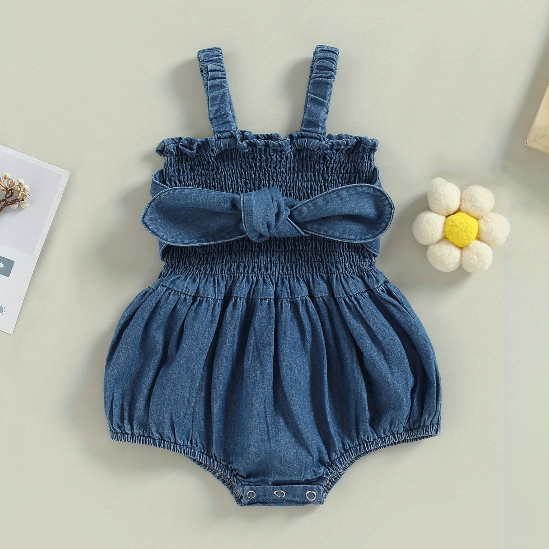 Chic Solid Color Printed Sleeveless Denim Baby Romper