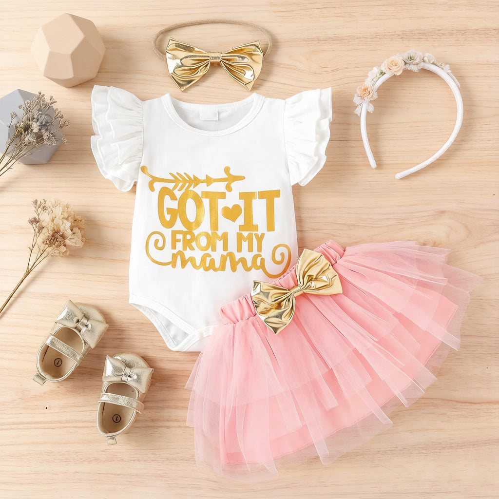 3PCS I Got It From My Mama Letter Print Flounce Sleeve Baby Set