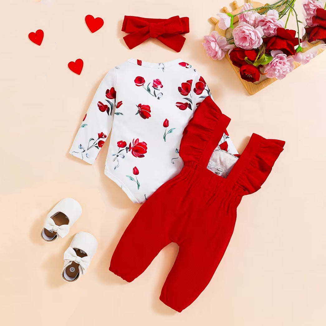 3PCS Grace Cat Floral Printed Suspender Baby Set