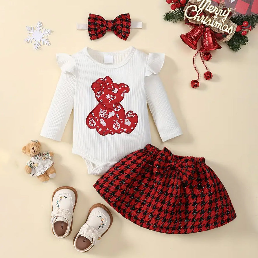 3PCS Christmas Bear Plaid Printed Baby Skirt Set