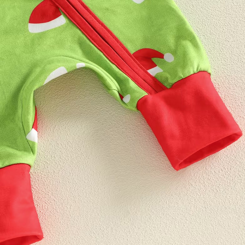 Lovely Santa Hat Printed Color Block Long Sleeve Zipper Baby Jumpsuit