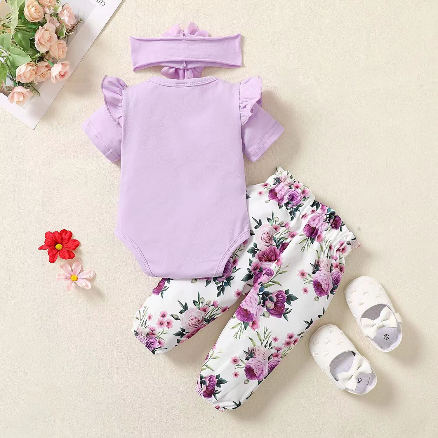 3PCS Letter And Floral Printed Short Sleeve Baby Set