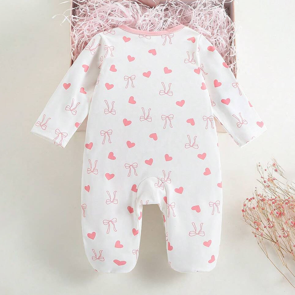 Casual Heart and Bow Print Long Sleeve Baby Jumpsuit