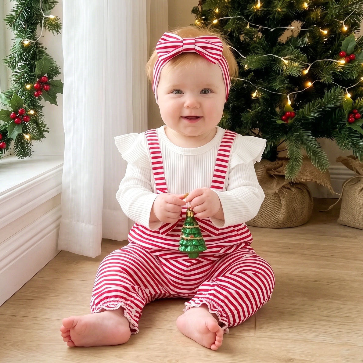 2PCS Lovely Stripe Printed Long Sleeve Baby Jumpsuit
