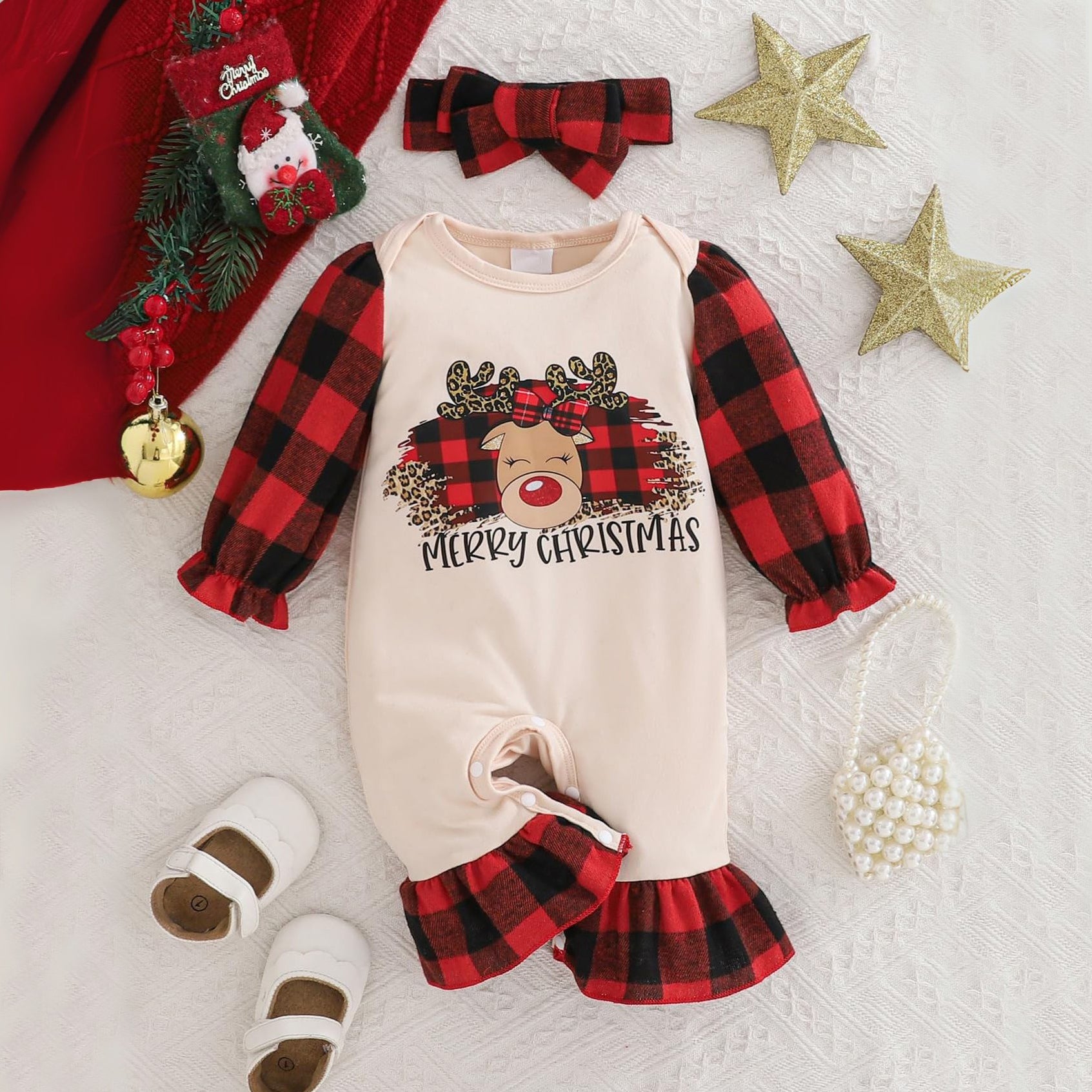 2PCS Christmas Deer Plaid Printed Baby Jumpsuit