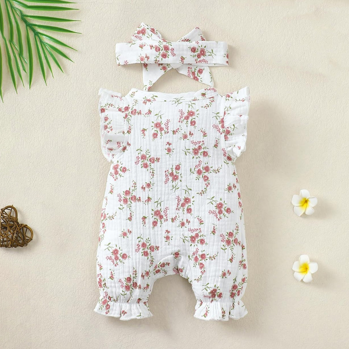 2PCS Graceful Floral Print Sleeveless Baby Jumpsuit