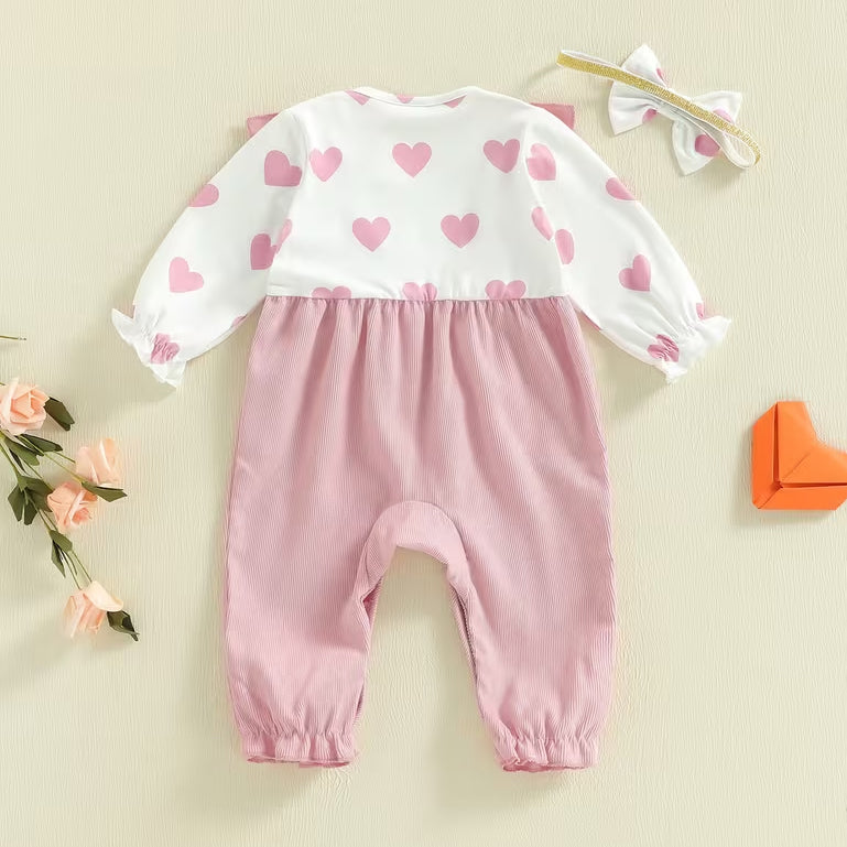 2PCS Lovely Baby Girl Heart Print Faux Two Piece Jumpsuit