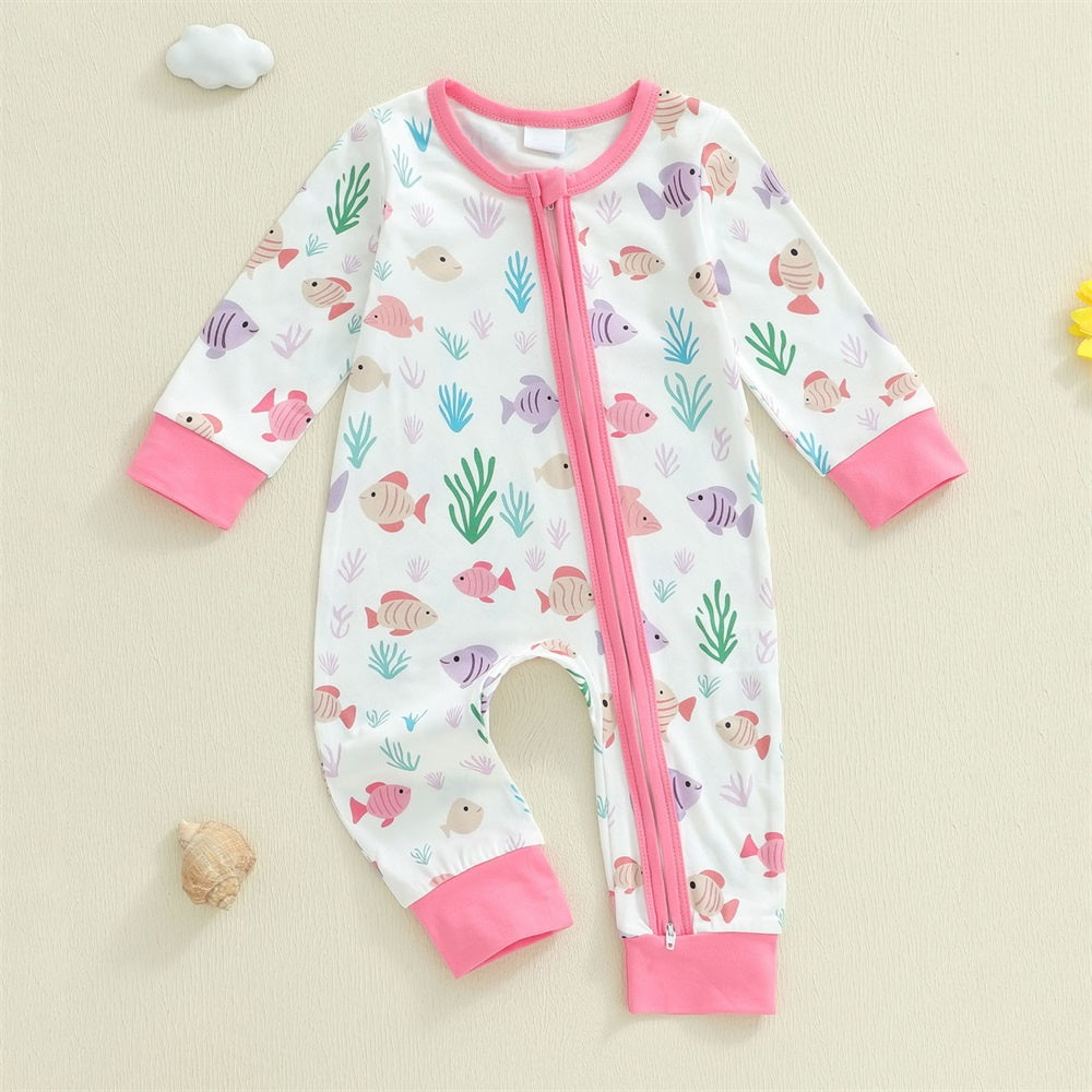 Lovely Fish Print Long Sleeve Zipper Baby Jumpsuit
