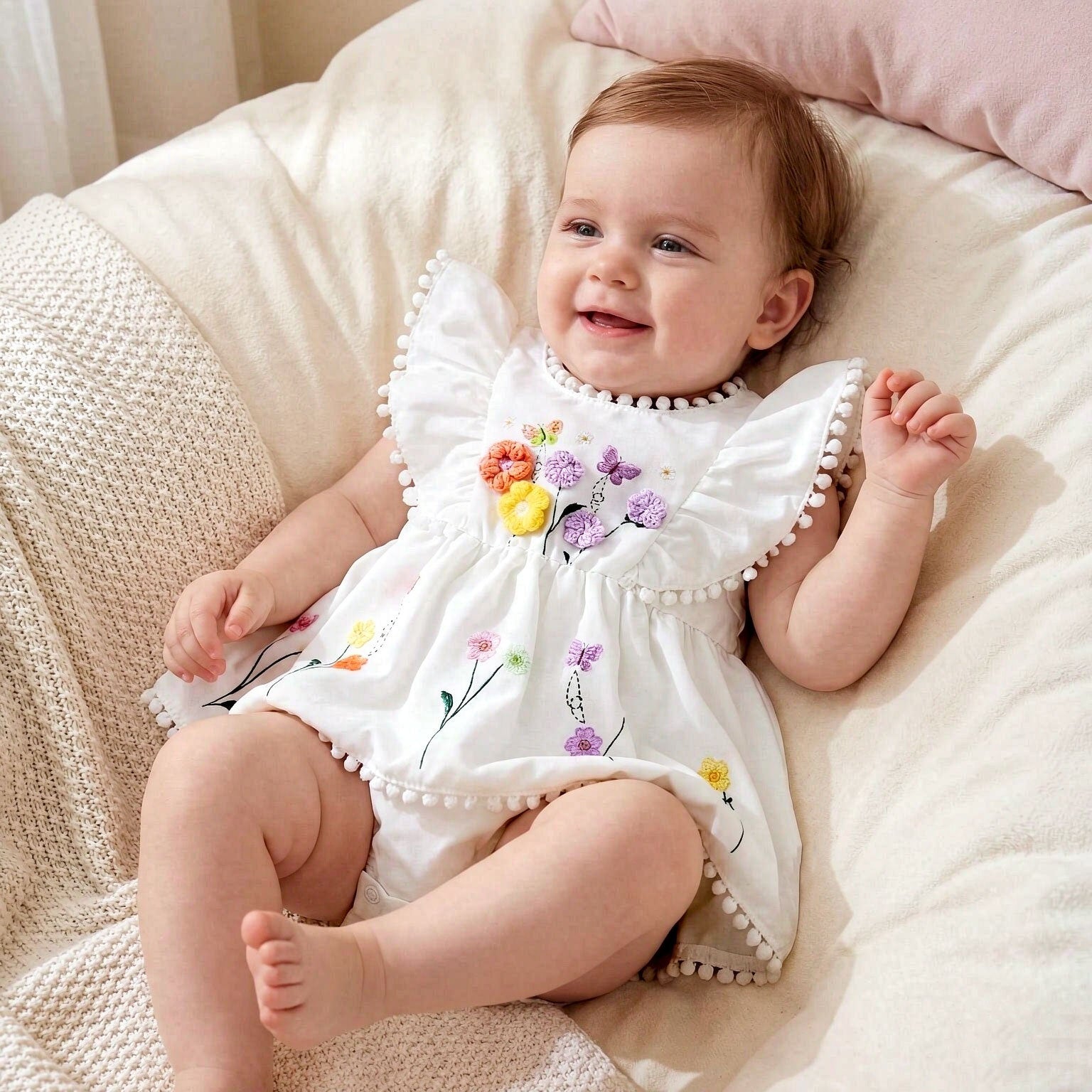 3D Crochet Flower Butterfly Embroidered Baby Flutter Sleeve Baby Romper