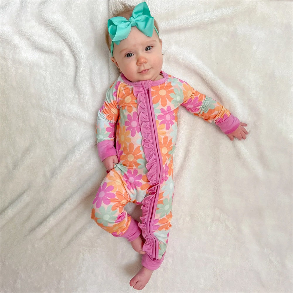 Pretty Floral Printed Ruffle Long Sleeve Baby Jumpsuit