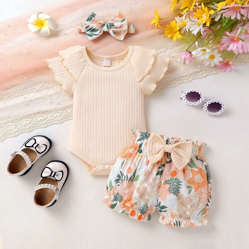 3PCS Classy Floral Print Flounce Sleeve Baby Set