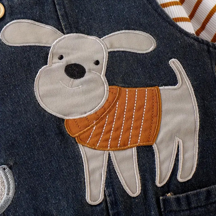 2PCS Puppy Embroidery Stripe Printed Denim Overalls Baby Set