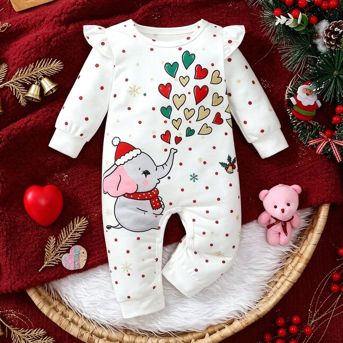 Sweet Elephant Heart Print Long Sleeve Baby Girl Christmas Jumpsuit