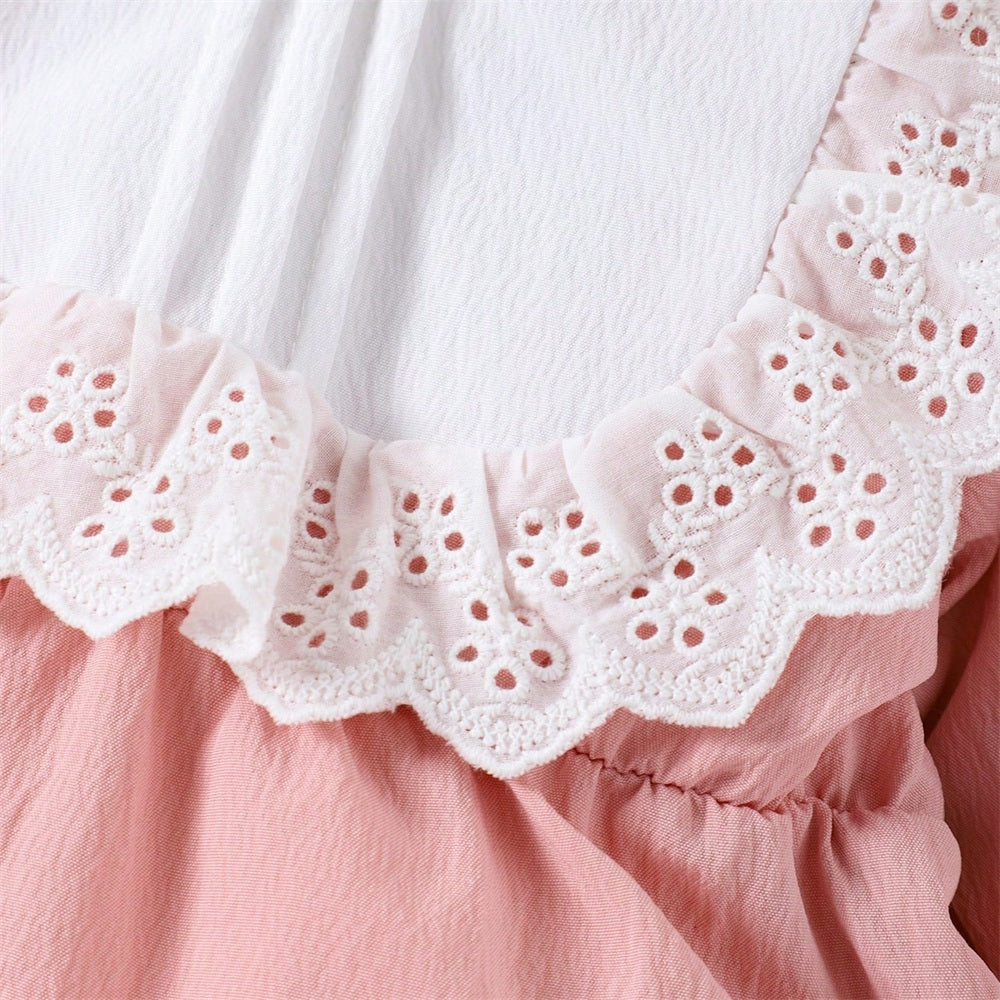 2PCS Pretty Color Blocking Lace Long Sleeve Baby Jumpsuit