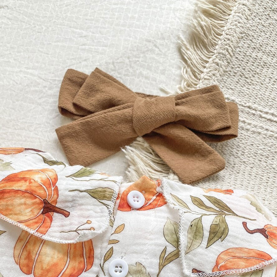 2PCS Color Block Pumpkin Print Bow Long Sleeve Baby Jumpsuit