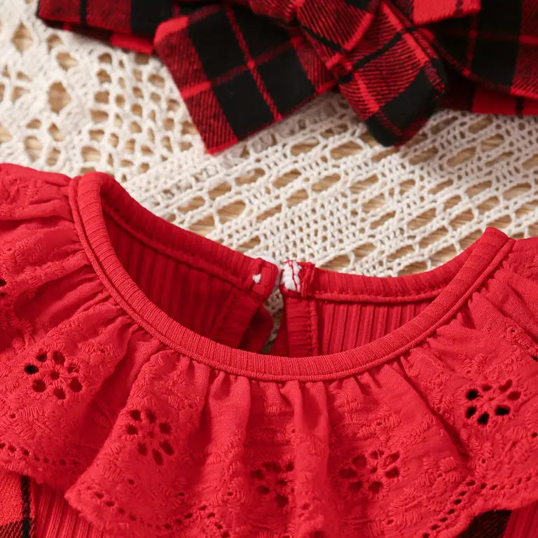 2PCS Elegant Christmas Plaid Printed Long Sleeve Lace Baby Romper