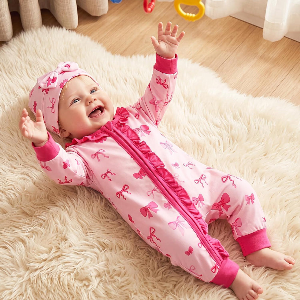 3PCS Pretty Bow Print Ruffle Zipper Long Sleeve Baby Jumpsuit