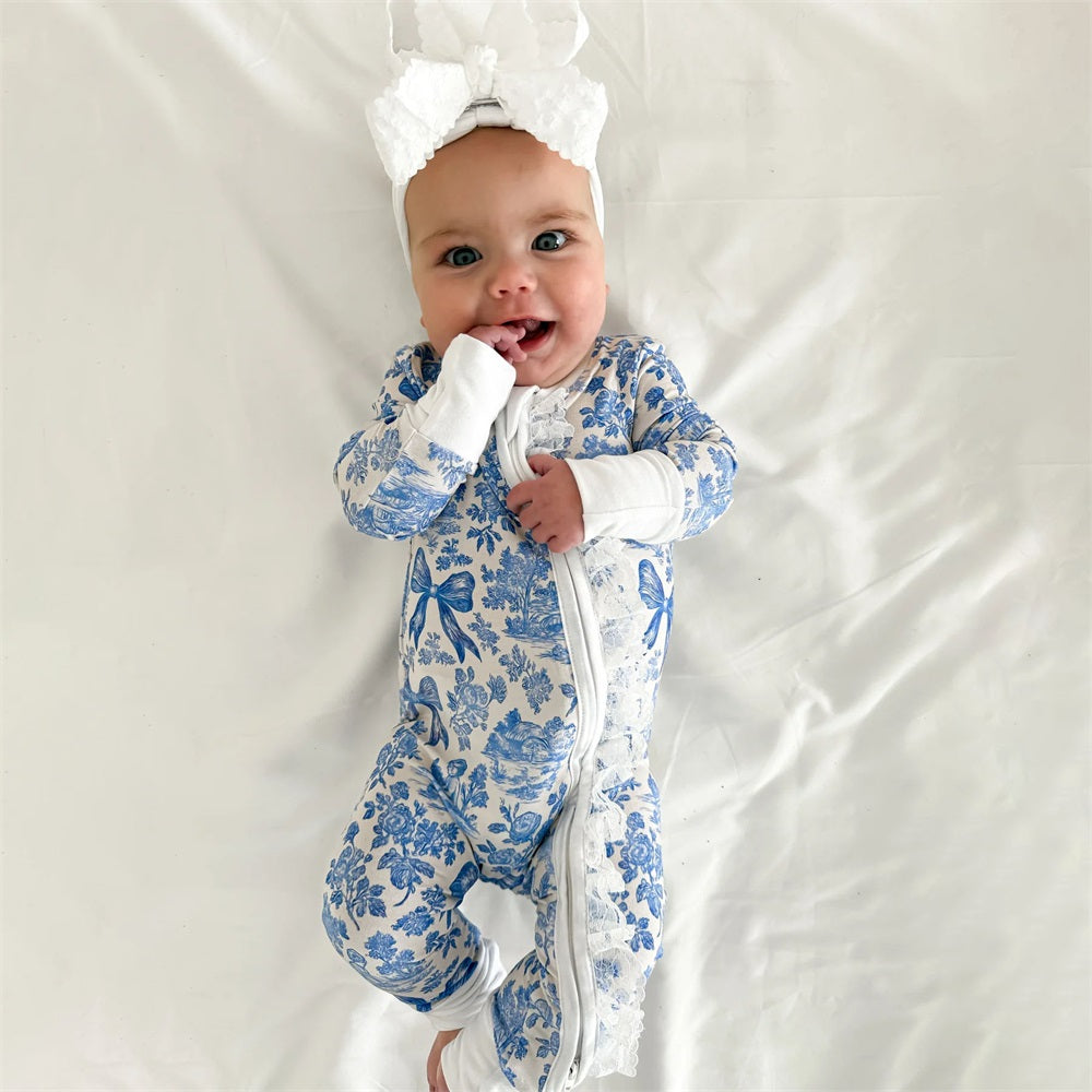 Stylish Floral Print Lace Trim Long Sleeve Baby Jumpsuit