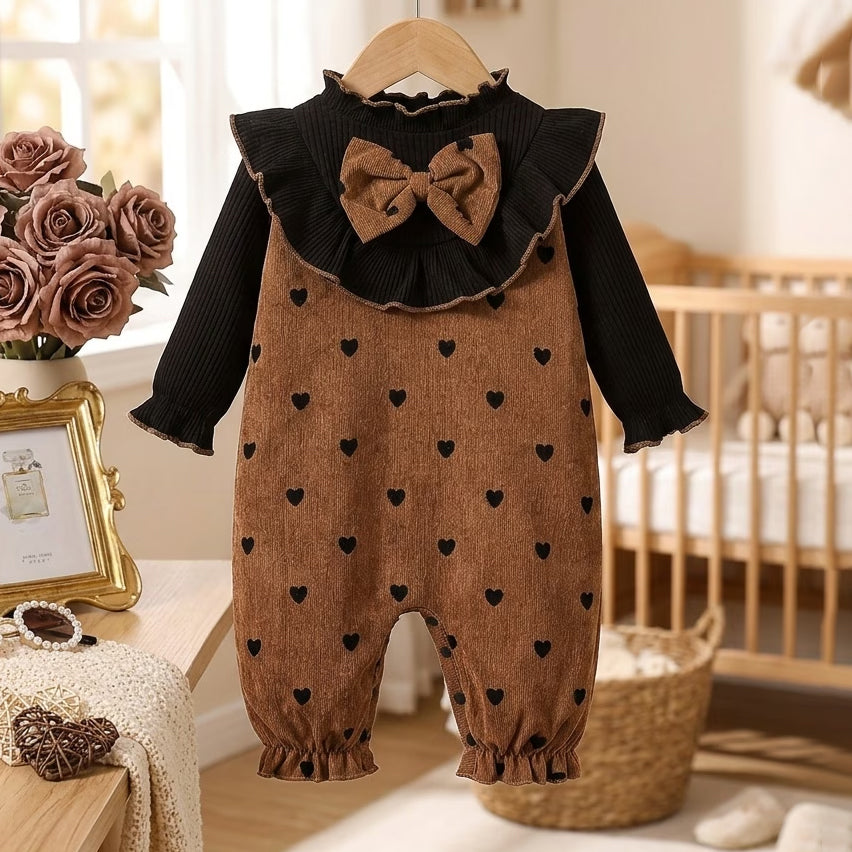Pretty Heart Printed Bow Tie Long Sleeve Baby Girl Corduroy Jumpsuit