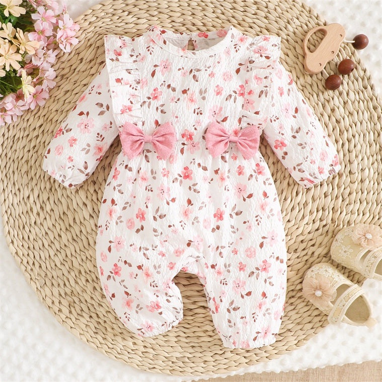 Endearing Floral Printed Ruffle Long Sleeve Baby Jumpsuit