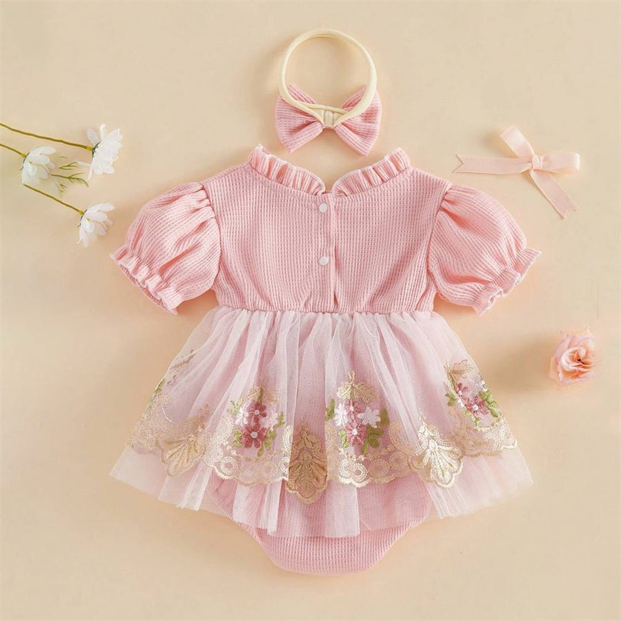 2PCS Summer Floral Embroidery Short Sleeve Lace Tulle Baby Romper