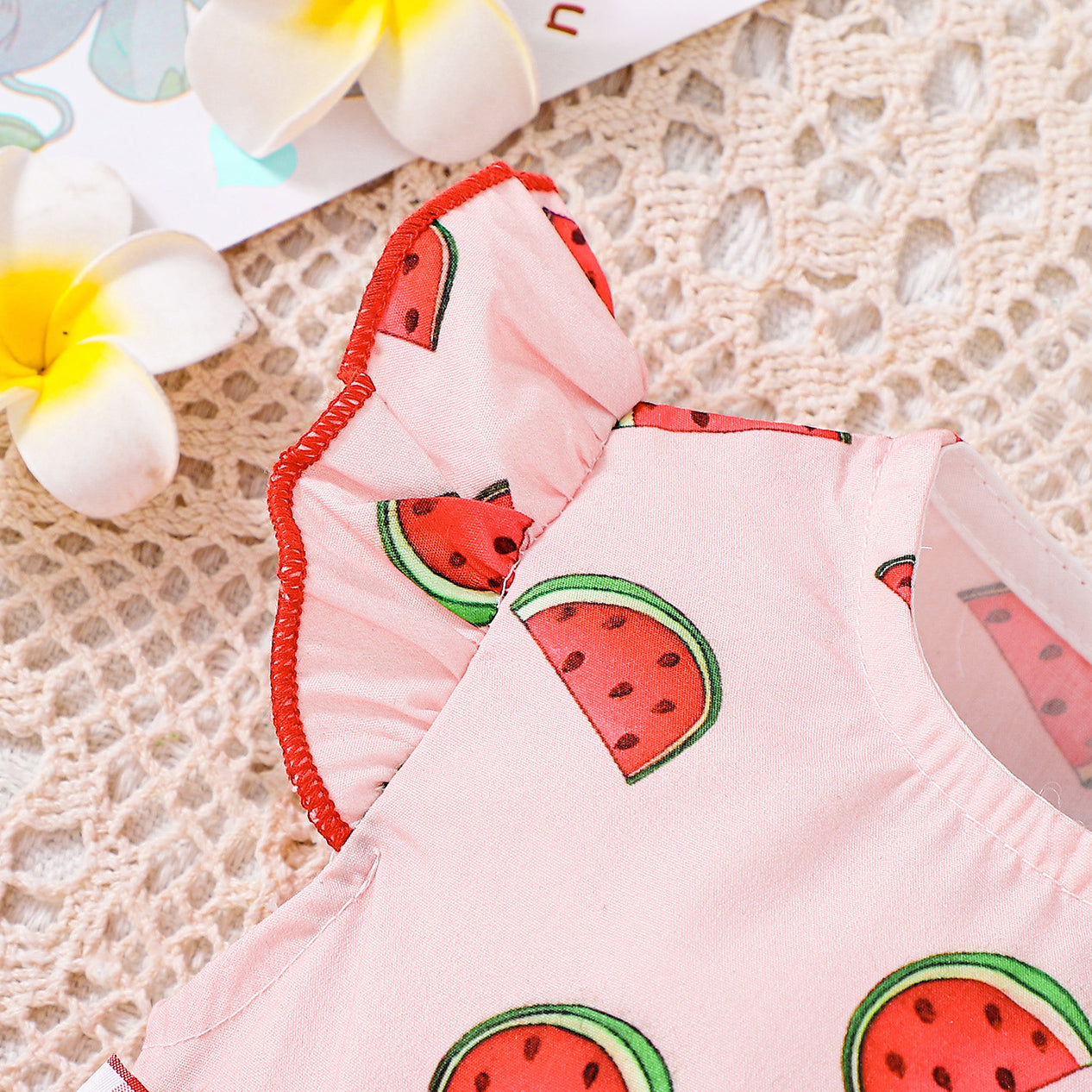 Cute Watermelon Print Bow Flutter Sleeve Baby Romper