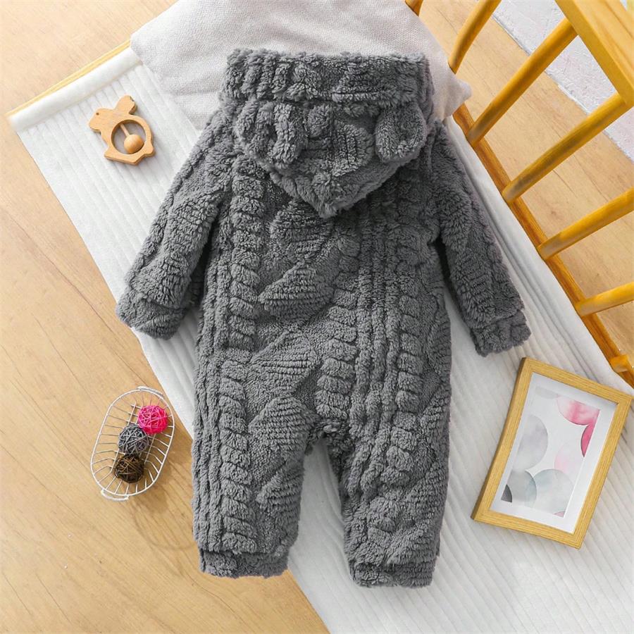 Warm Bear Print Plush Long Sleeve Baby Hooded Jumpsuit