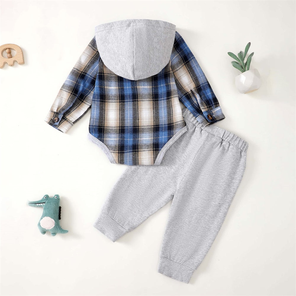 2PCS Stylish Comfy Plaid Print Long Sleeve Baby Hooded Set