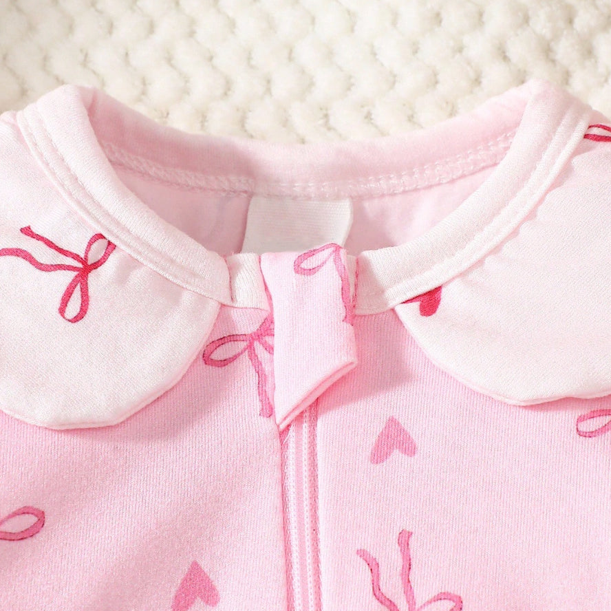 Stylish Bow Printed Long Sleeve Zipper Baby Jumpsuit