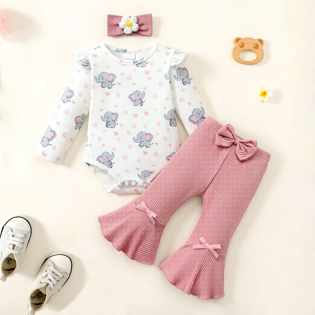 3PCS Sweet Elephant and Floral Print Long Sleeve Baby Girl Set