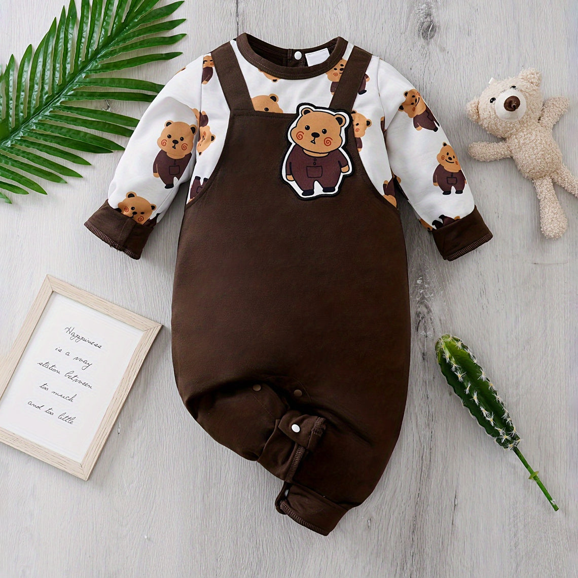 Casual Cute Bear Fake Two Piece Long Sleeve Baby Jumpsuit