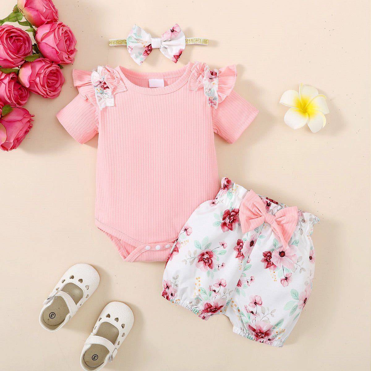 3PCS Solid Color Romper with Floral Printed Shorts Baby Set