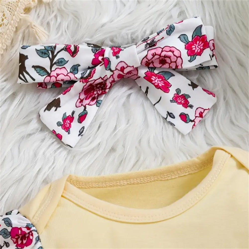 3PCS Floral and Deer Print Long Sleeve Baby Set