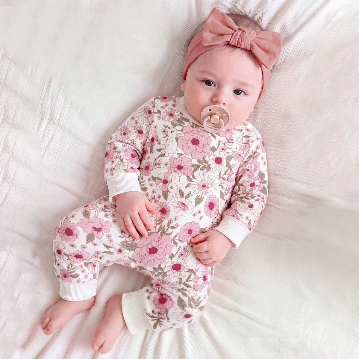 Vintage Baby Girl Floral Printed Long Sleeve Jumpsuit