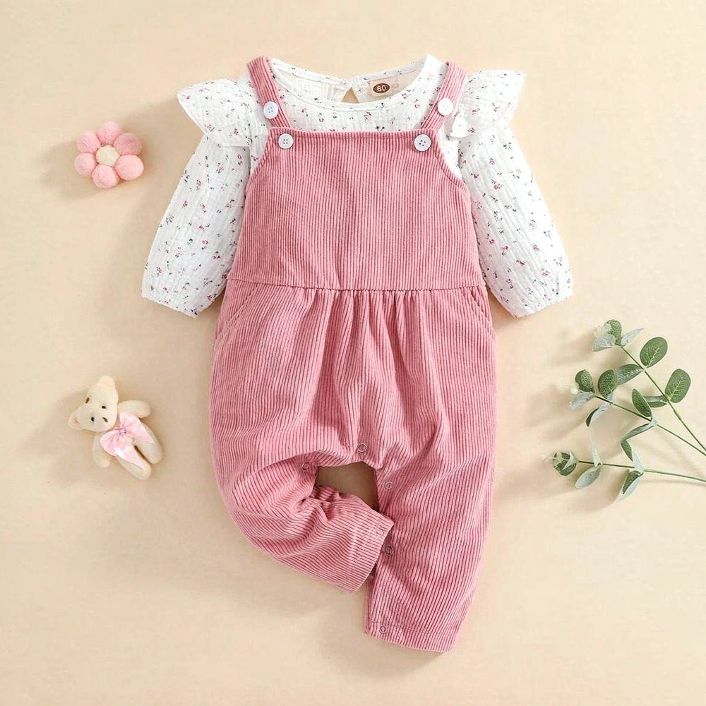 Sweet Faux Layer Floral Print Long Sleeve Baby Girl Corduroy Jumpsuit