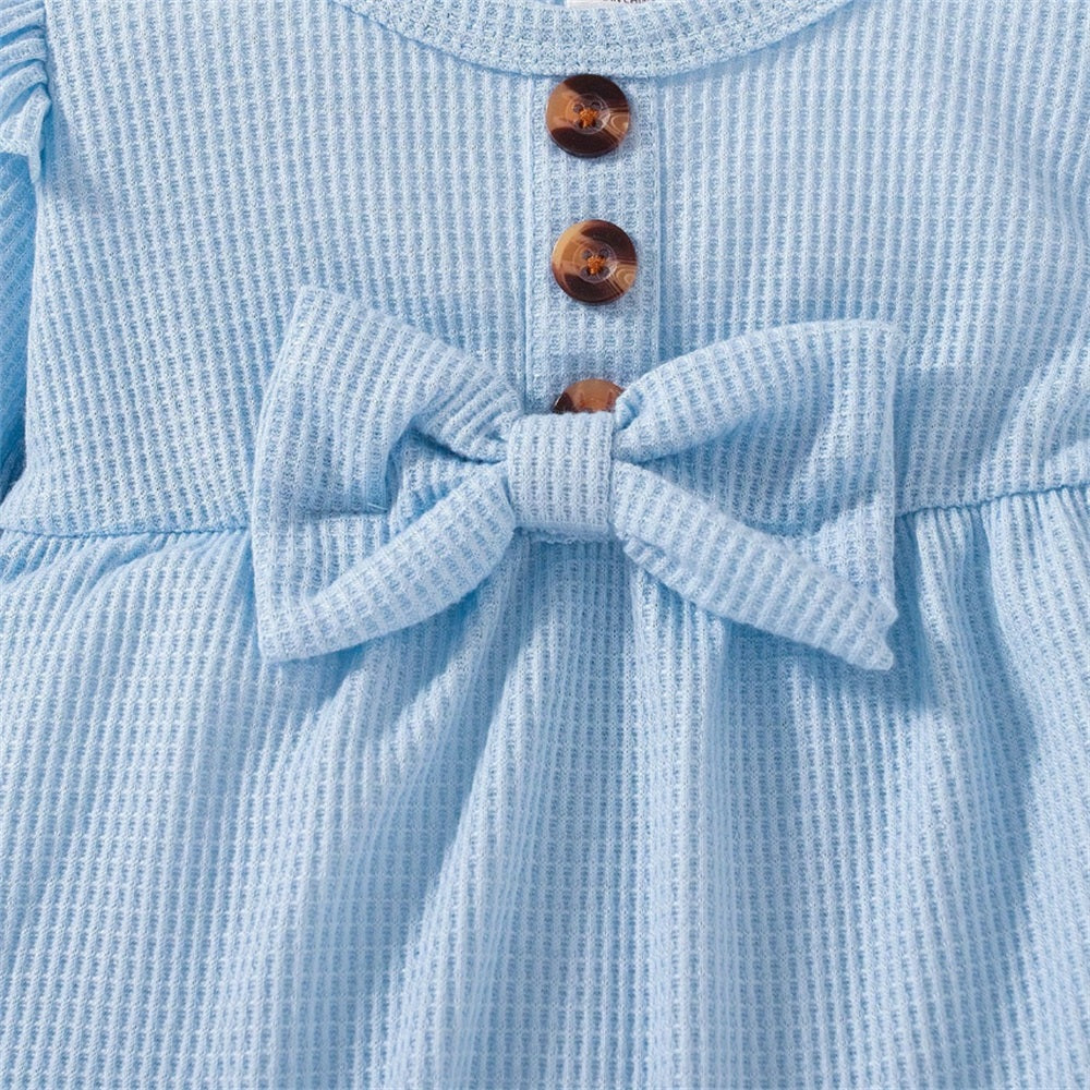 2PCS Comfy Solid Color Bow Long Sleeve Baby Jumpsuit