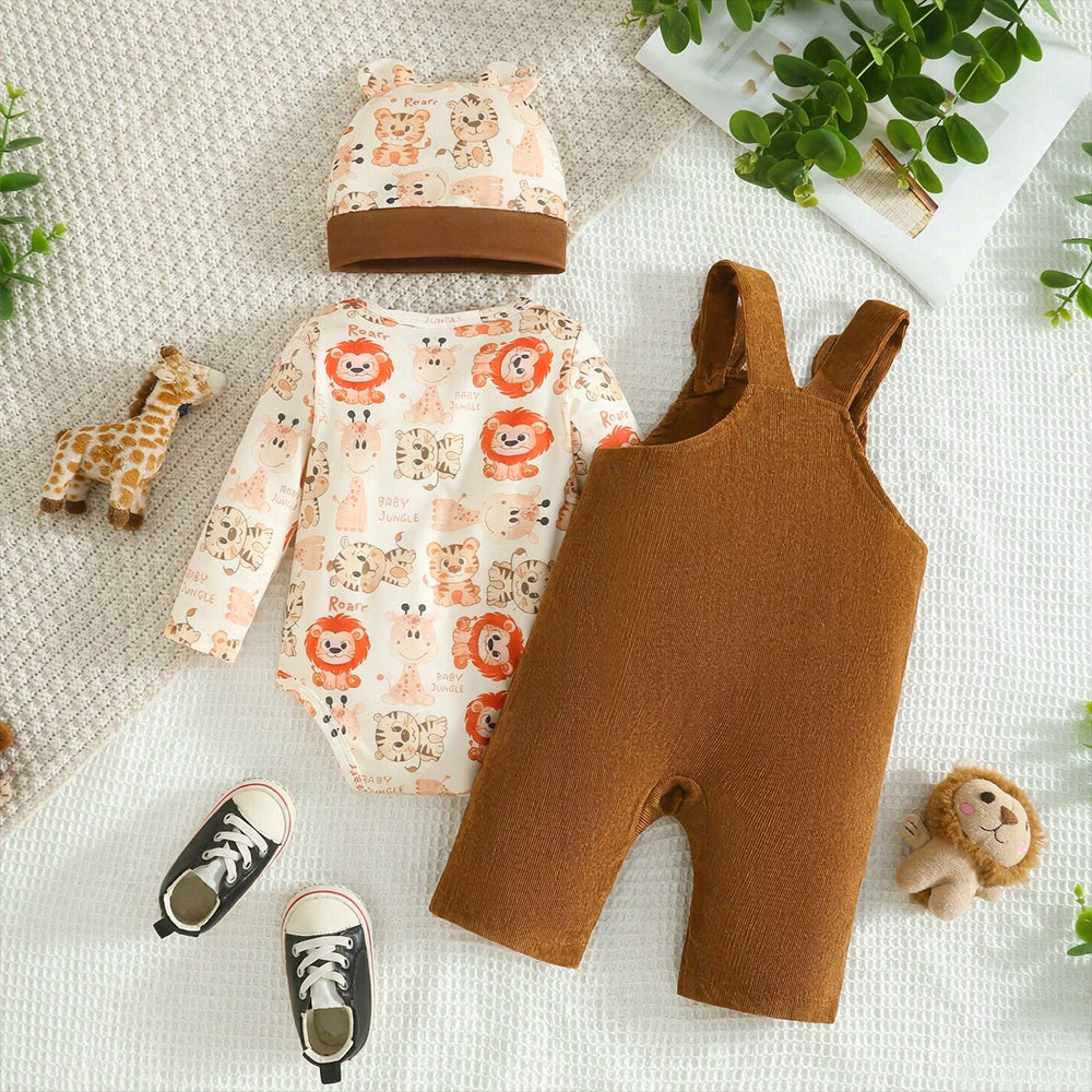 3PCS Cute Cartoon Animal Print Long Sleeve Baby Overalls Set