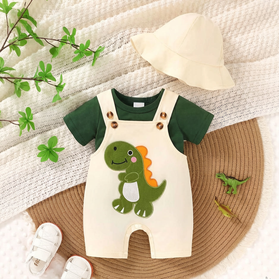 3PCS Cute Summer Dinosaur Printed Short Sleeve Overalls Baby Set